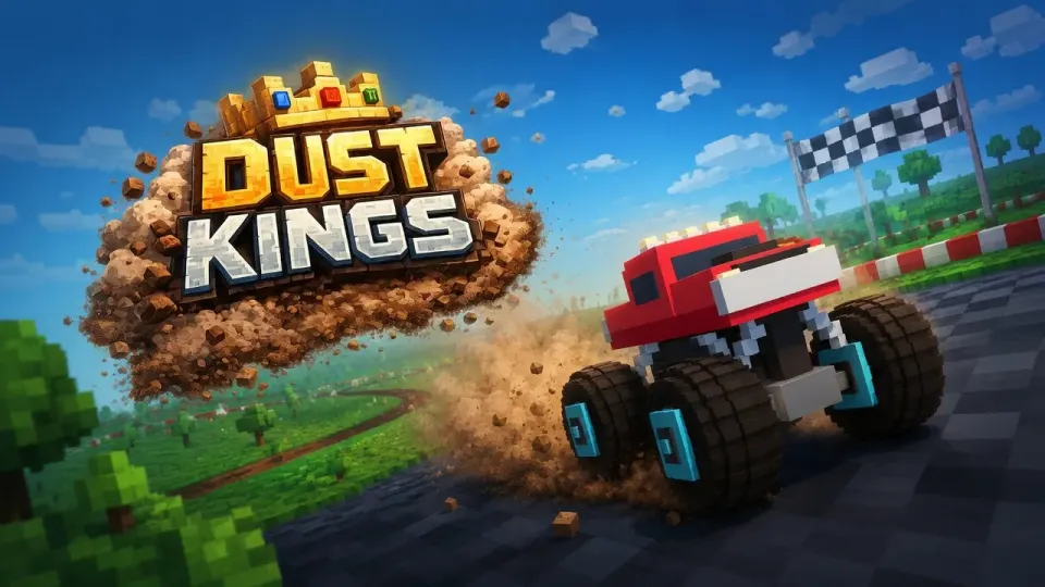Dust Kings — ein Voxel-Monstertruck wirbelt Staub auf einer Schotterstrecke auf