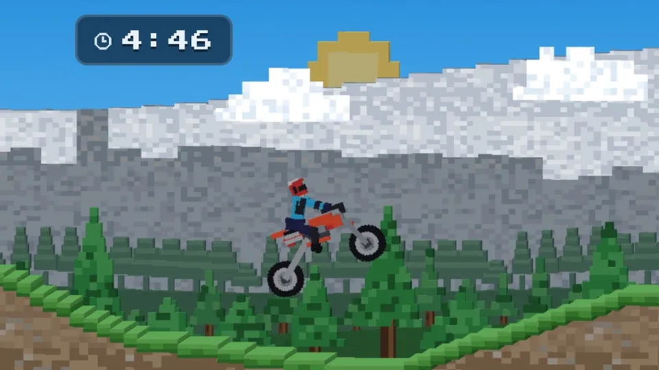 MX Dash — ein Voxel-Motocrossfahrer im Sprung über hügeliges Gelände